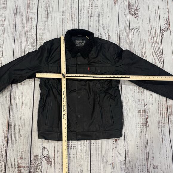 Levi’s Faux Leather Sherpa Lined Trucker Jacket Men’s XL Black Snap Front - Picture 5 of 13